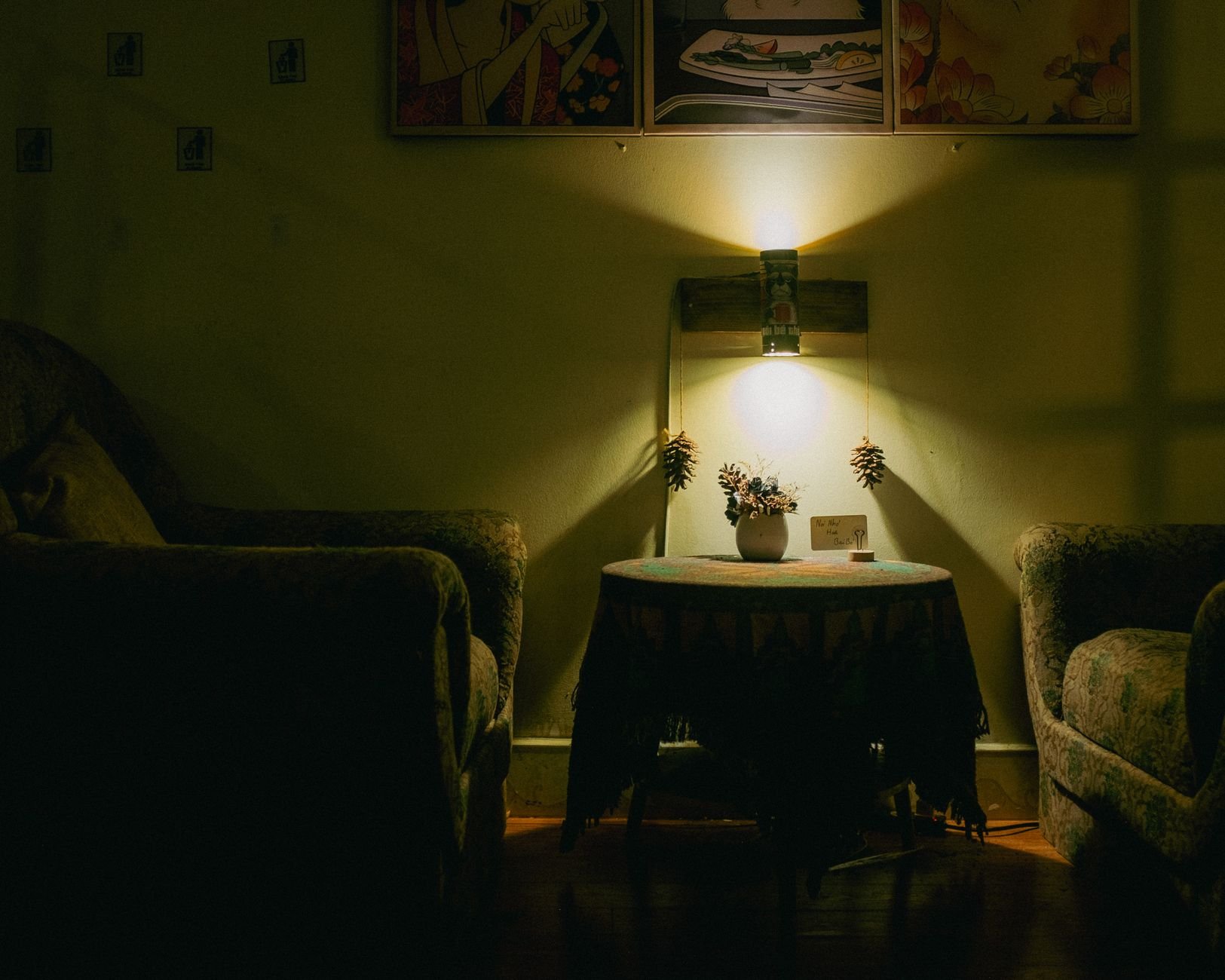 A warmly lit room with armchairs — calm and welcoming